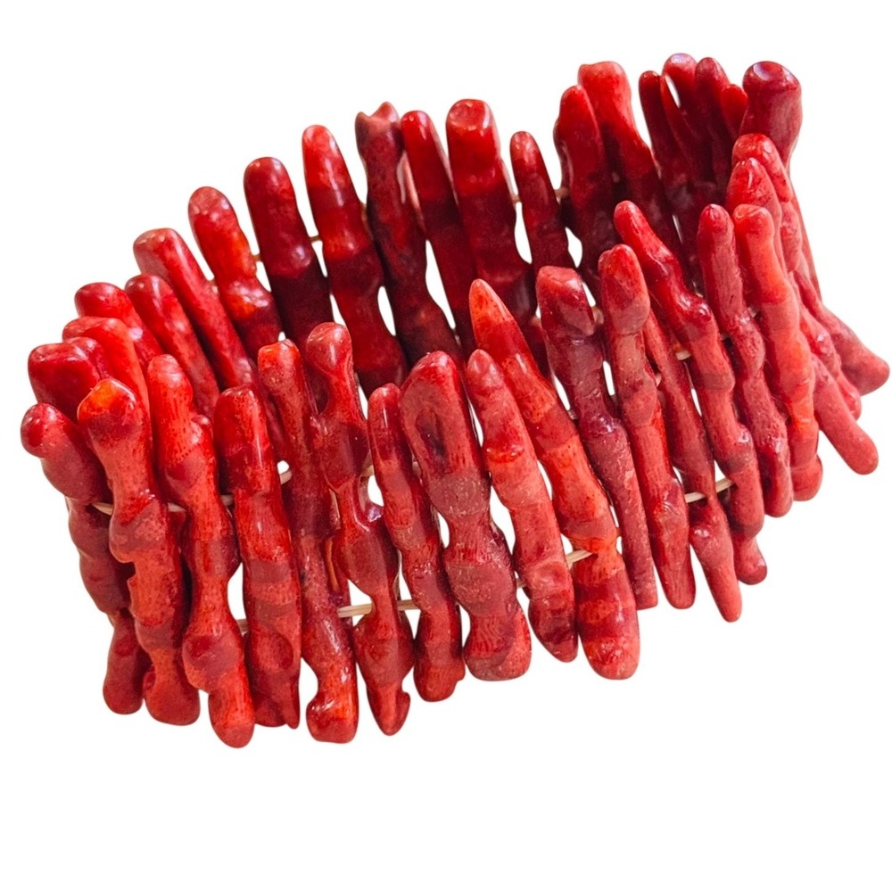 VTG Red Sponge Coral branch beaded Stretch Bracelet Chunky BOHO Statement 2"W